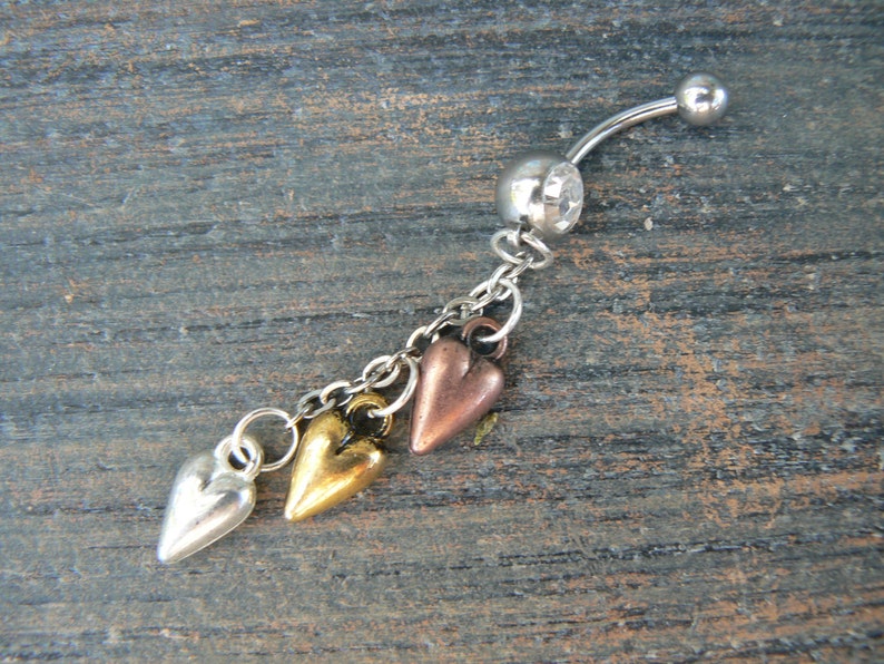 triple heart belly ring silver gold and copper hearts in fantasy boho gypsy hippie belly dancer and hipster style