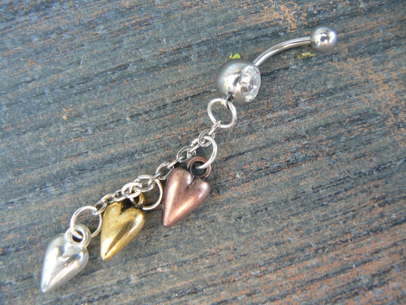 triple heart belly ring silver gold and copper hearts in fantasy boho gypsy hippie belly dancer and hipster style