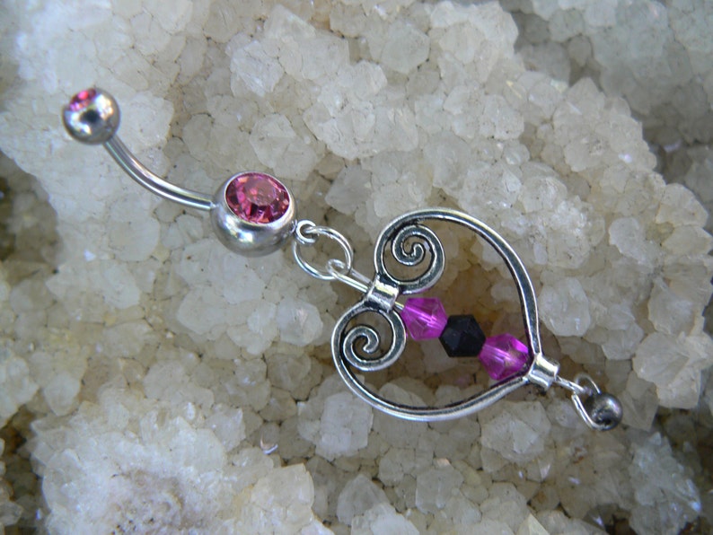 pink heart belly ring antique silver heart pink and black crystals in boho gypsy hippie and hipster style