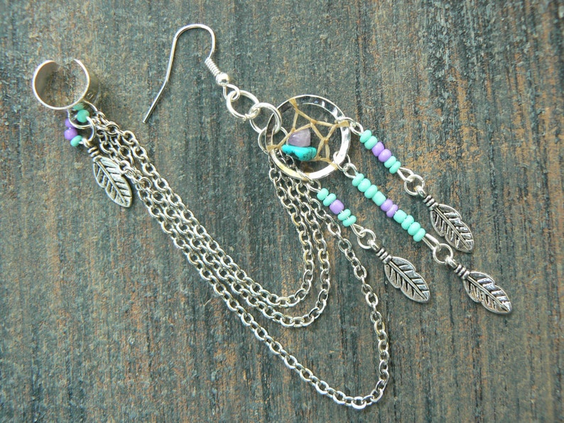 ONE Turquoise Dreamcatcher Chained Ear Cuff Turquoise and - Etsy