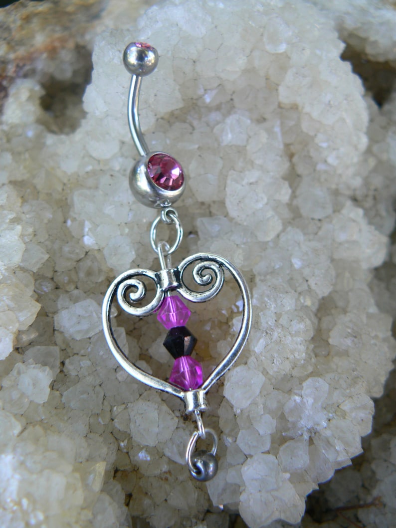 pink heart belly ring antique silver heart pink and black crystals in boho gypsy hippie and hipster style