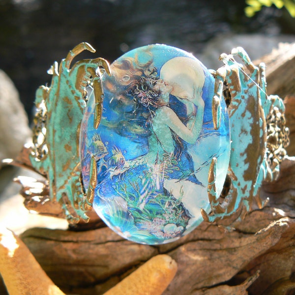 mermaid moon cuff mothers day blue crabs mermaid bracelet Cancer cameo siren fantasy resort wear cruise wear beach wear hipster gypsy boho