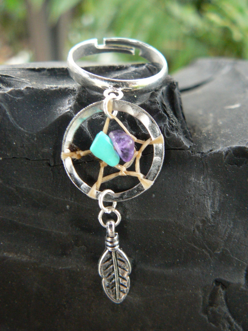 Dreamcatcher Ring Gemstones Amethyst and Turquoise Feather in Etsy