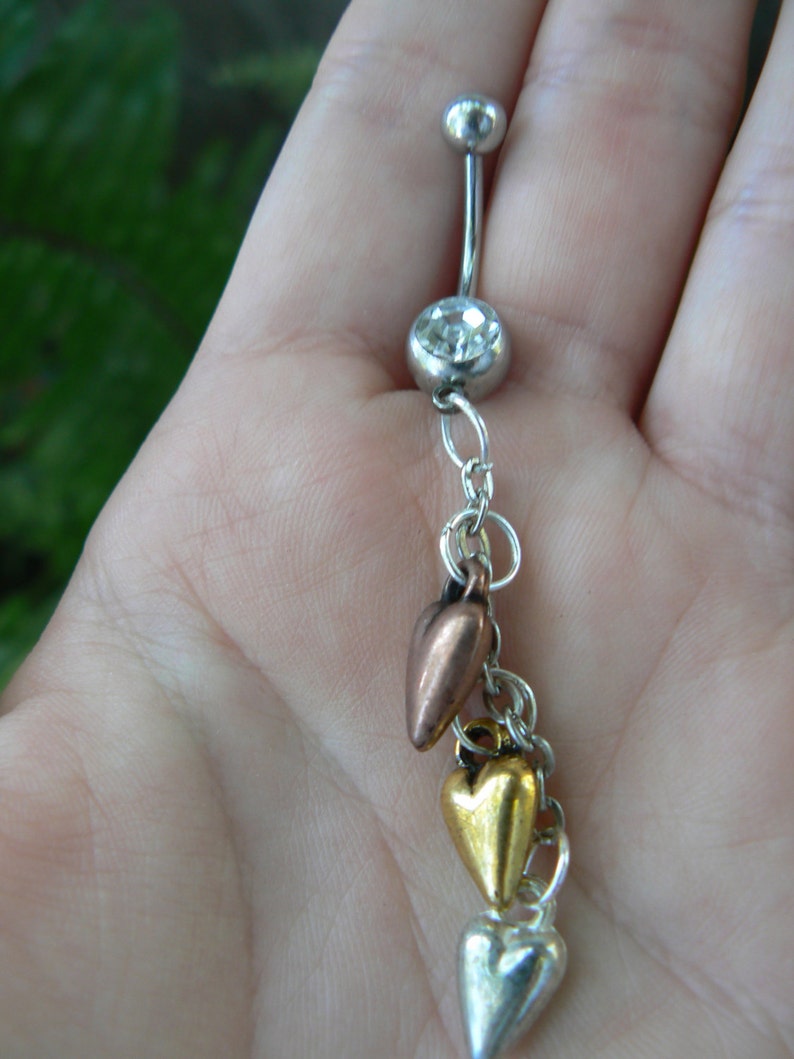 triple heart belly ring silver gold and copper hearts in fantasy boho gypsy hippie belly dancer and hipster style