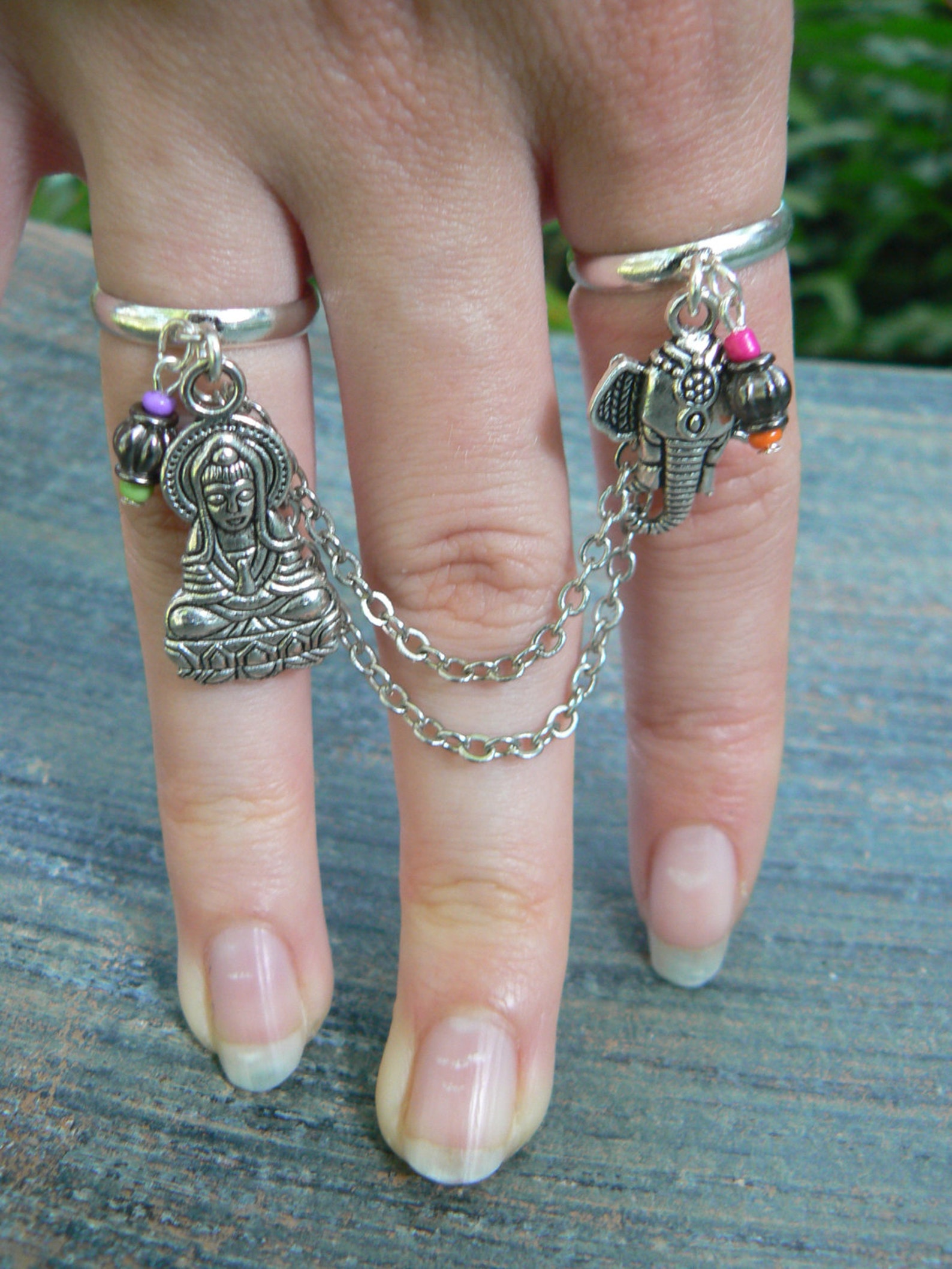Zen Ring Chained Double Ring Ganesh Buddha Buddah Indi Etsy