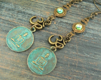 zen earrings, buddha earrings, spiritual earrings,mothers day,green,peridot,ohm earrings, yoga earrings, festival earrings,boho, gypsy