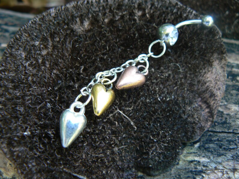 triple heart belly ring silver gold and copper hearts in fantasy boho gypsy hippie belly dancer and hipster style