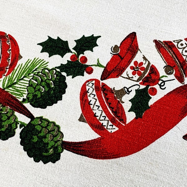 Vintage CHRISTMAS Tablecloth Shiny Brite Ornaments Pine Cones Tree Bells Wreath Holly Berry Poinsettia Ribbon Retro MCM Midcentury Excellent