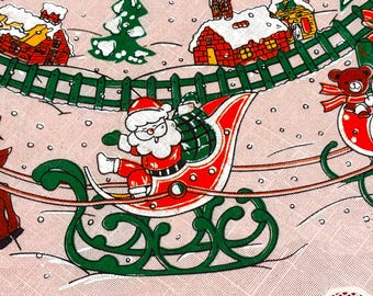 Vintage 1970s Vinyl Christmas Tree Skirt, Midcentury Santa w Sleigh, Reindeer, Kids and Toys, Tablecover, Fun Retro Holiday Decor, NOS, NIP
