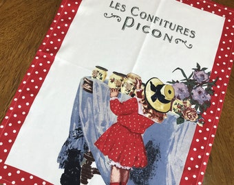 NOS Vintage FRENCH Tea Towel LeS CONFiTURES PiCON Red Polka Dot Girl Hat Cat Orange Jam Bouisset Advertisement Valentine Gift Wall Art Mint