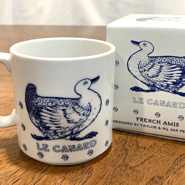 NOS Vintage 1984 Mug FRENCH AMiS Le CANARD Blue White Duck Taylor and Ng San Francisco 12 Oz Signed Made in Japan Mint in Mint Box Rare
