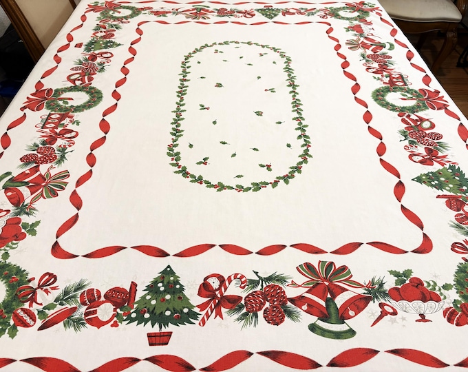 Vintage CHRISTMAS Midcentury Tablecloth, Shiny Brite Ornaments, Candles ...