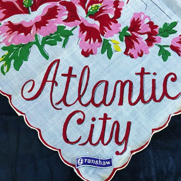 NoS Vintage Handkerchief ATLANTIC CITY MAP Franshaw Hankie Hanky Red Hibiscus Miss America Boardwalk Landmarks Collector Souvenir Mint w Tag