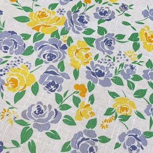 Vintage Tablecloth COTTAGE ROSES  Floral Spring Summer Garden Lilac Periwinkle Yellow Cottagecore Shabby Chic Farmhouse Midcentury Retro Exc