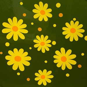 May include: A round, olive green tray with a floral design. The tray features yellow daisies with orange centers and small orange dots scattered across the surface. The design is a retro, vintage style.