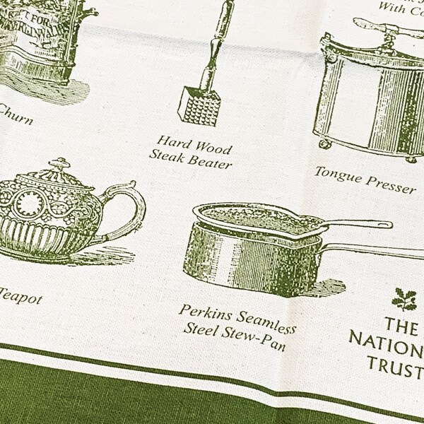 NOS Vintage Tea Towel ENGLISH KiTCHEN SERVING Tool Natl Trust Antique Cook Bake Spice Sugar Milk Butter Tea Culinary Wall Art Farmhouse Rare