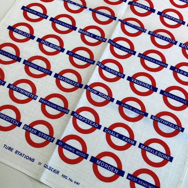 NoS Vintage Tea Towel LONDON TUBE STATIONS England Underground Train Subway Irish Linen Wall Art Midcentury Mod Geometric McM Mint Pristine