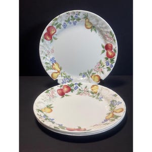 May include: A set of white ceramic plates featuring a decorative border of colorful fruit illustrations, including red apples, yellow pears, and clusters of blue berries, accented with green leaves and small pink flowers on a smooth, glossy surface.