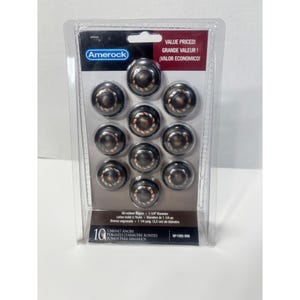 May include: A package of 10 Amerock cabinet knobs in an oil-rubbed bronze finish. Each round knob measures 1-1/4 inches in diameter. The clear plastic packaging displays the brand name, the quantity, and the text Value Priced and Cabinet Knobs.