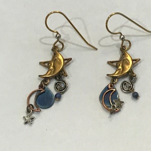 Goldtone Lunar Moon Celestial Stars Dangle Earrings