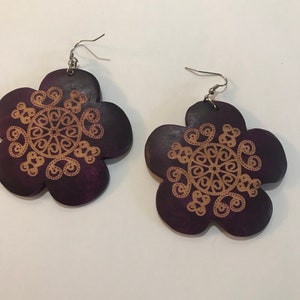 Purple Flower Engraved Design Wooden Wood Dangle Earrings