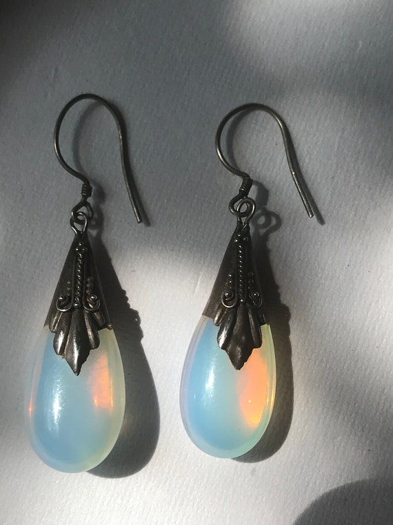 Opalite Tear Earrings Blue Teardrop Dangle 925 Sterling Silver with Purple CZ