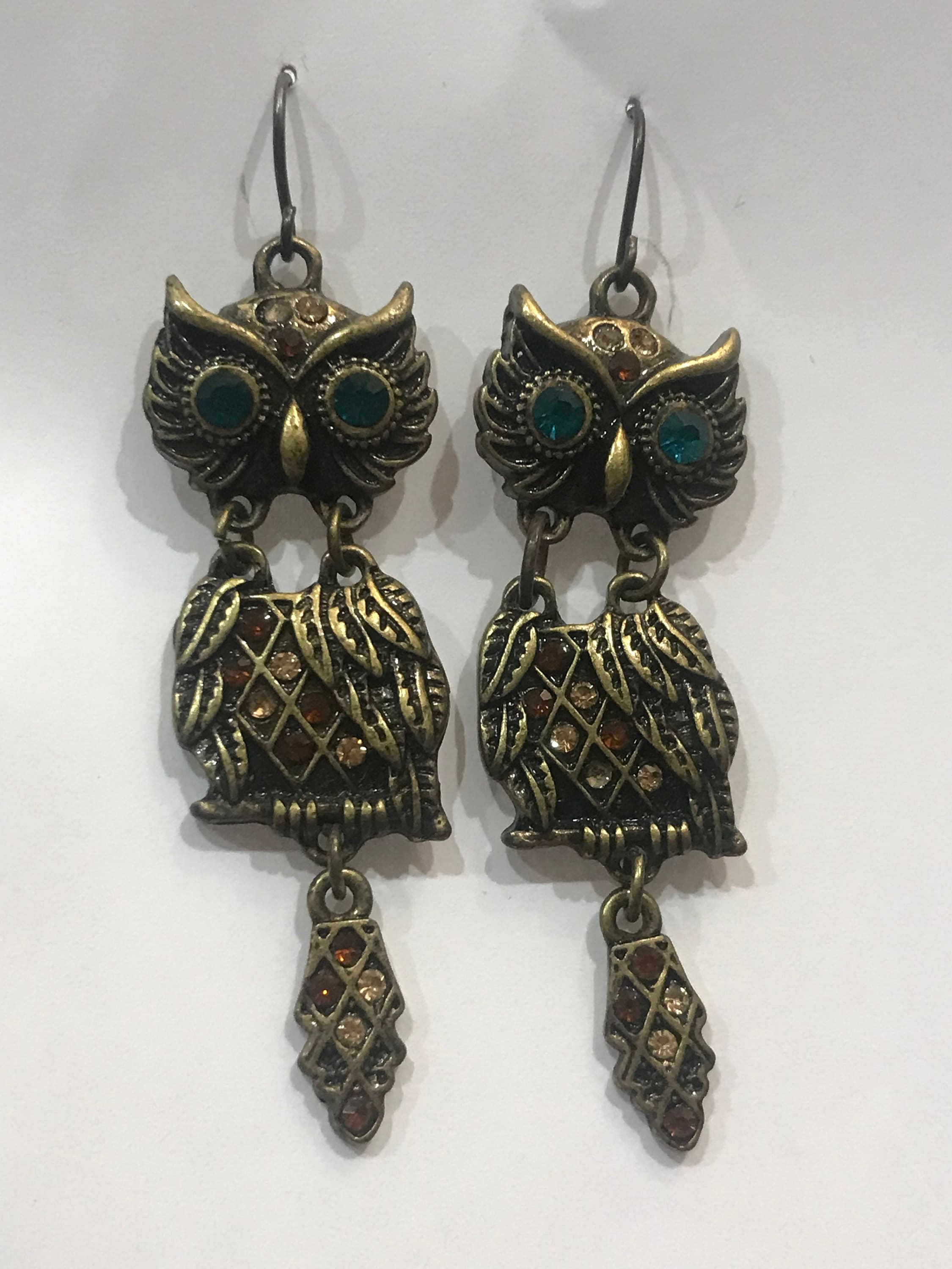 Owl Dangle Teal Rhinestone Eyes Earrings