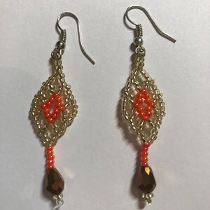 Gold Coral and Bronze Seed Bead Dangle Earrings