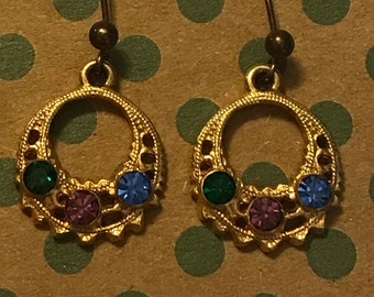 Sterling Silver Goldtone Green Blue Purple Swarovski Crystal Dangle Earrings