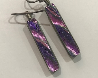 Sterling Silver Dichroic Glass Lavender and Pink Dangle Earrings