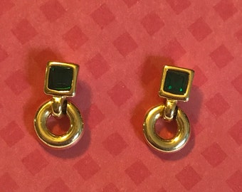 Goldtone Square and Circle Green Crystal Mini Dangle Earrings