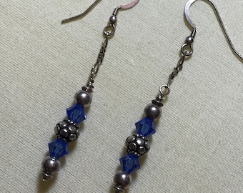 Sterling Silver with Blue Swarovski Crystal Dangle Earrings