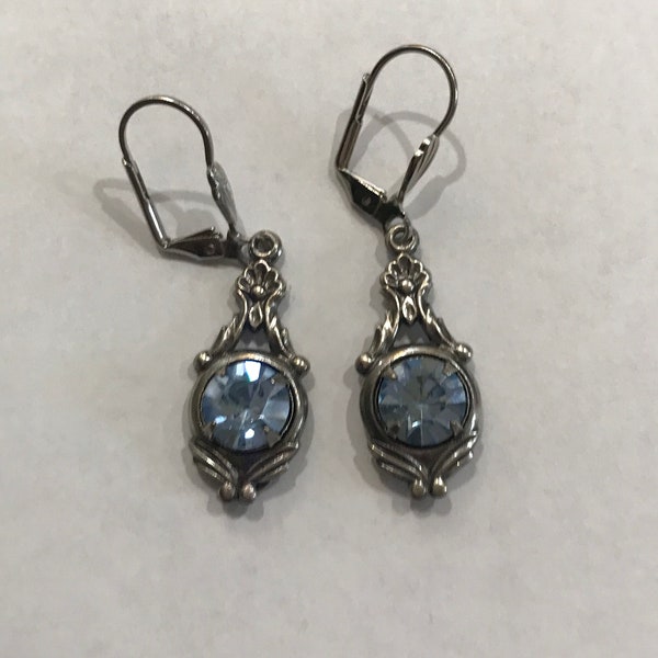 Vintage Sadie Green Light Blue Crystal Dangle Earrings