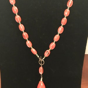 Pink Coral Glass Oval Beads with Mini Round Peridot Beads Necklace Sterling Silver Closure Clasp