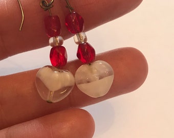 Red Bead and White Glass Heart Dangle Earrings