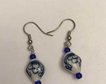 White and Blue Porcelain Ceramic Dangle Earrings