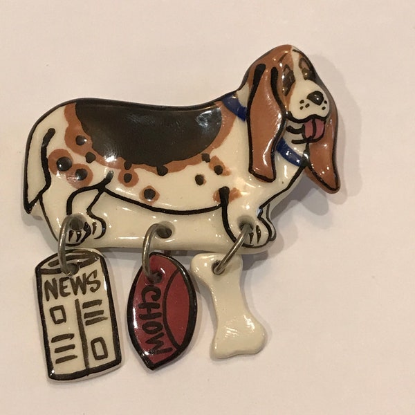 Ceramic Bassett Hound Hush Puppy Brooch