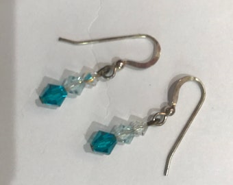 Sterling Silver with Teal Blue Swarovski Crystal Dangle Earrings