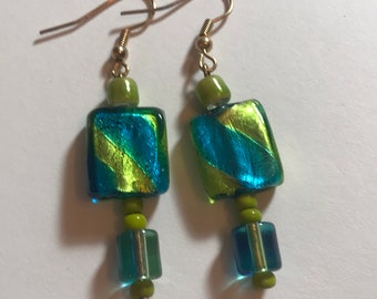 Teal Blue and Green Glass Dangle Earrings