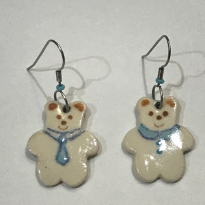 Blue and White Porcelain Ceramic Teddy Bear Theme Dangle Earrings