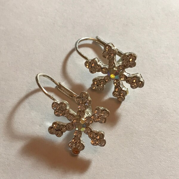 Goldtone Clear Crystal Snowflake Leverback Earrings