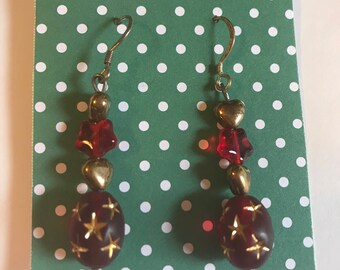 Burgundy and Red Heart and Stars Dangle Earrings