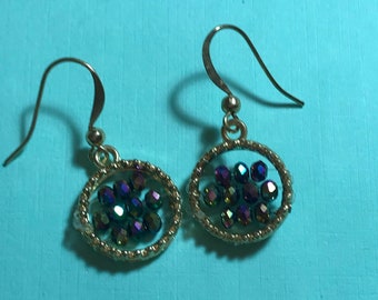 Goldtone Purple Magenta Iridescent Beads Dangle Earrings