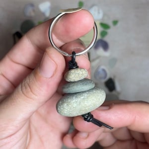 Stacked Beach Stone Keychain-Leather Cord-Cairn Rock Accessory-Gift For All Ages-Coastal Earthy Beach Style-Fidget Charm-MAR21-118