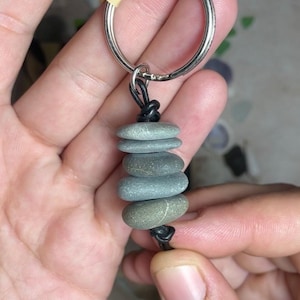 Stacked Beach Stone Keychain-Leather Cord-Cairn Rock Accessory-Gift For All Ages-Coastal Earthy Beach Style-Fidget Charm-MAR213-186