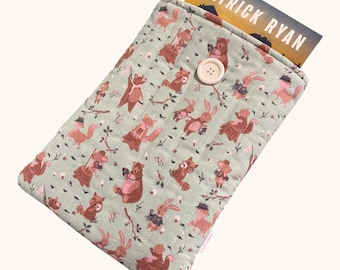 Handmade Quilted Book Sleeve – Woodland Animal Print, Padded Book Protector, E-Reader & Paperback Cover