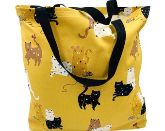 Cat Print Tote Bag | Handmade Cotton Cat Lover Gift | Mustard Yellow Shopping Bag | Cat Mom Gift | Reusable Market Tote