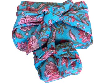 Zestaw ekologicznych owijarek Furoshiki z bawełny w turkusowe kwiaty do pakowania prezentów