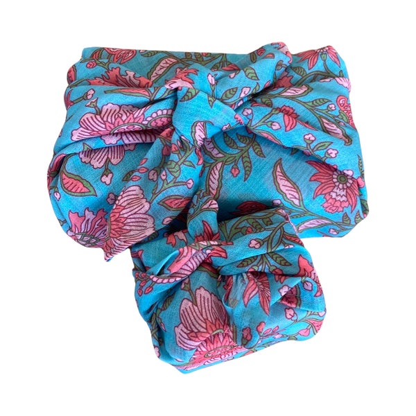 Turquoise Floral Cotton Fabric Gift Wrap - Eco Friendly Furoshiki Cloth Wrap Set