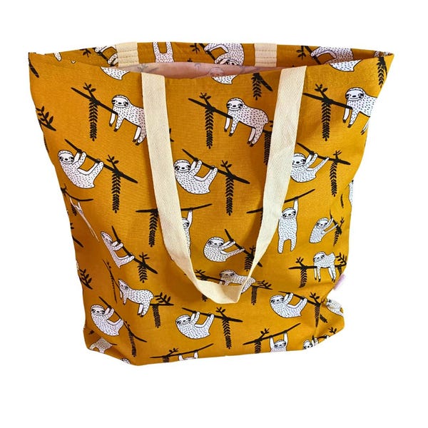 Handgemaakte draagtas met luiaardprint: mosterdgele katoenen alledaagse tas